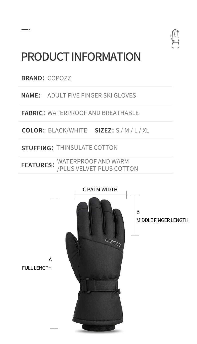 Copozz Adult Warm Winter Ski Gloves Waterproof 3M Thinsulate Snowboard Gloves Thermal Motorcycle Cycling Gloves Men Women