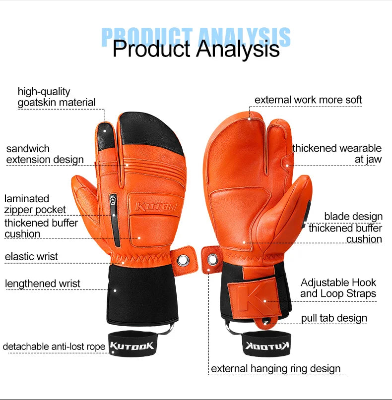 KUTOOK Winter Ski Gloves Goatskin Leather Mittens 3M Thinsulate Snowboard Gloves Thermal Warm Skiing Gloves Waterproof Men Women