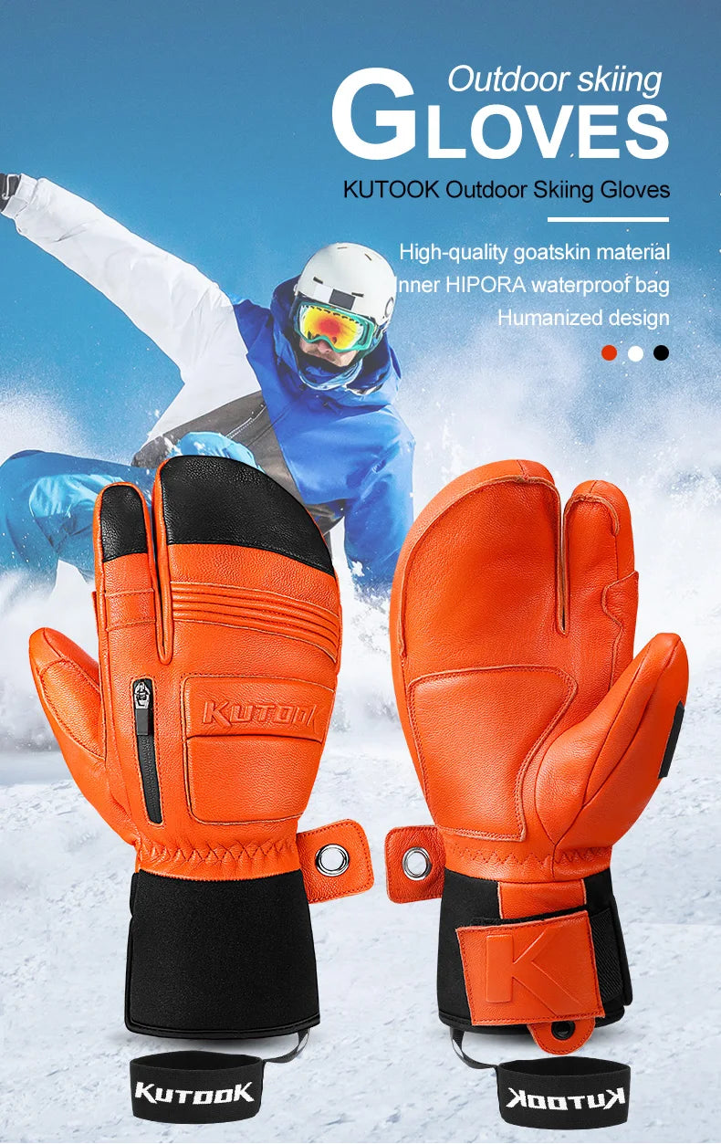 KUTOOK Winter Ski Gloves Goatskin Leather Mittens 3M Thinsulate Snowboard Gloves Thermal Warm Skiing Gloves Waterproof Men Women