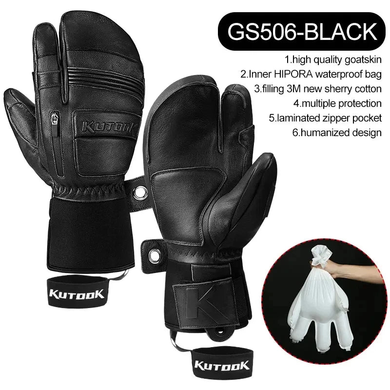 KUTOOK Winter Ski Gloves Goatskin Leather Mittens 3M Thinsulate Snowboard Gloves Thermal Warm Skiing Gloves Waterproof Men Women