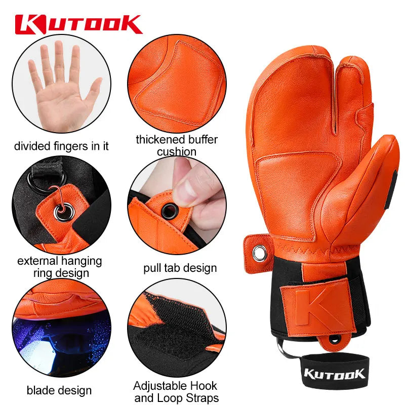 KUTOOK Winter Ski Gloves Goatskin Leather Mittens 3M Thinsulate Snowboard Gloves Thermal Warm Skiing Gloves Waterproof Men Women