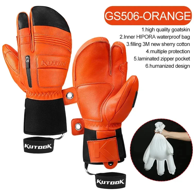 KUTOOK Winter Ski Gloves Goatskin Leather Mittens 3M Thinsulate Snowboard Gloves Thermal Warm Skiing Gloves Waterproof Men Women