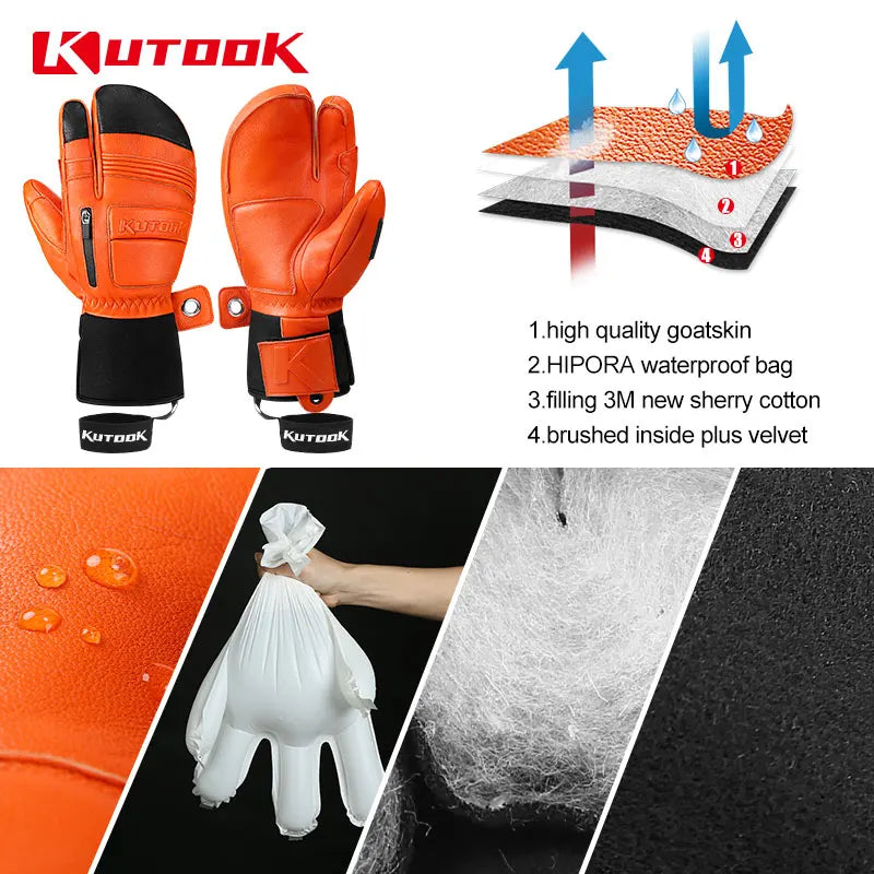 KUTOOK Winter Ski Gloves Goatskin Leather Mittens 3M Thinsulate Snowboard Gloves Thermal Warm Skiing Gloves Waterproof Men Women