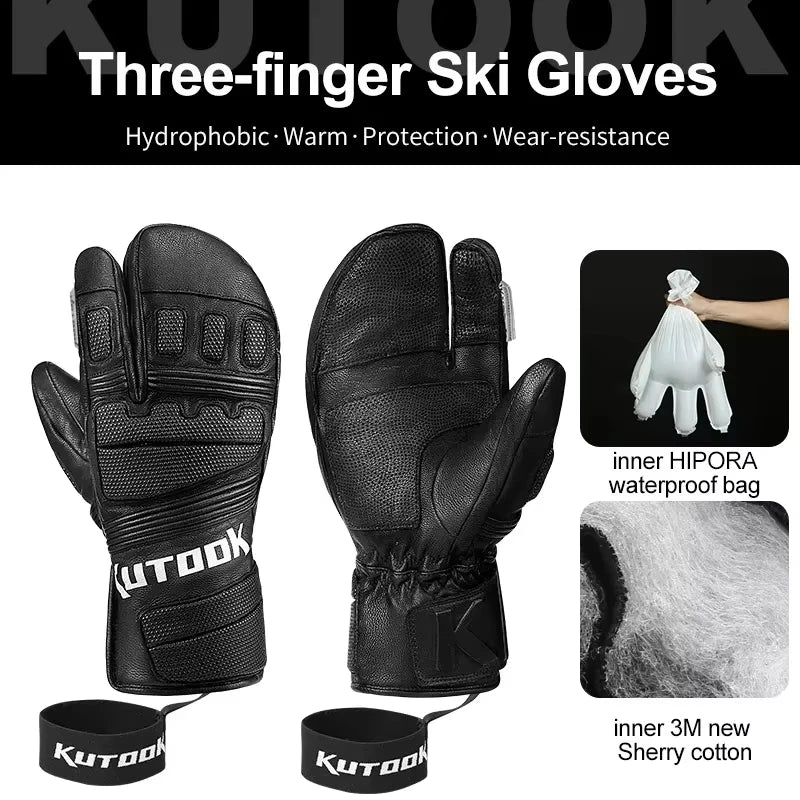 KUTOOK Winter Ski Gloves Goatskin Leather Mittens 3M Thinsulate Snowboard Gloves Thermal Warm Skiing Gloves Waterproof Men Women