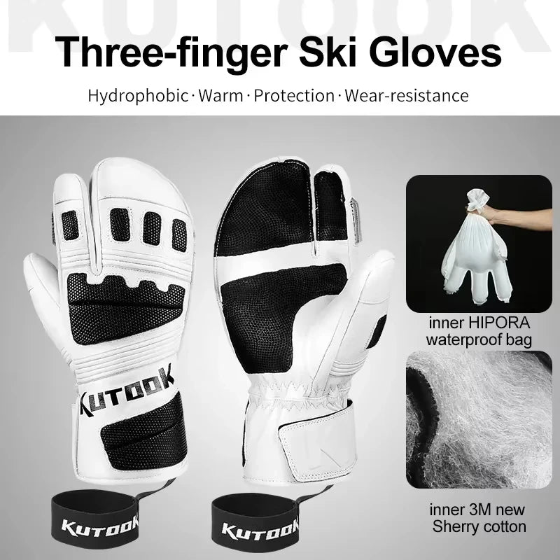 KUTOOK Winter Ski Gloves Goatskin Leather Mittens 3M Thinsulate Snowboard Gloves Thermal Warm Skiing Gloves Waterproof Men Women