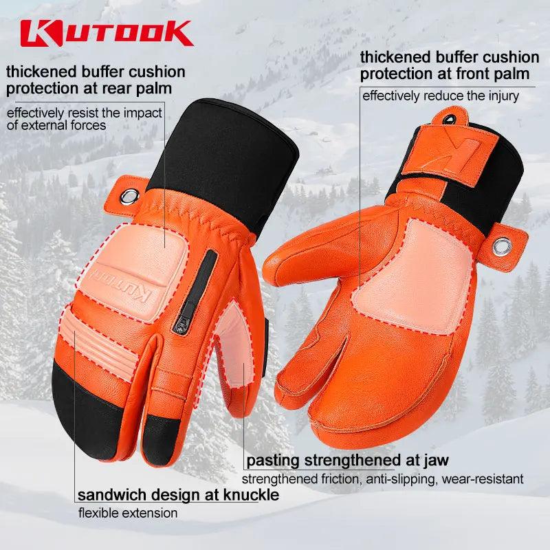 KUTOOK Winter Ski Gloves Goatskin Leather Mittens 3M Thinsulate Snowboard Gloves Thermal Warm Skiing Gloves Waterproof Men Women